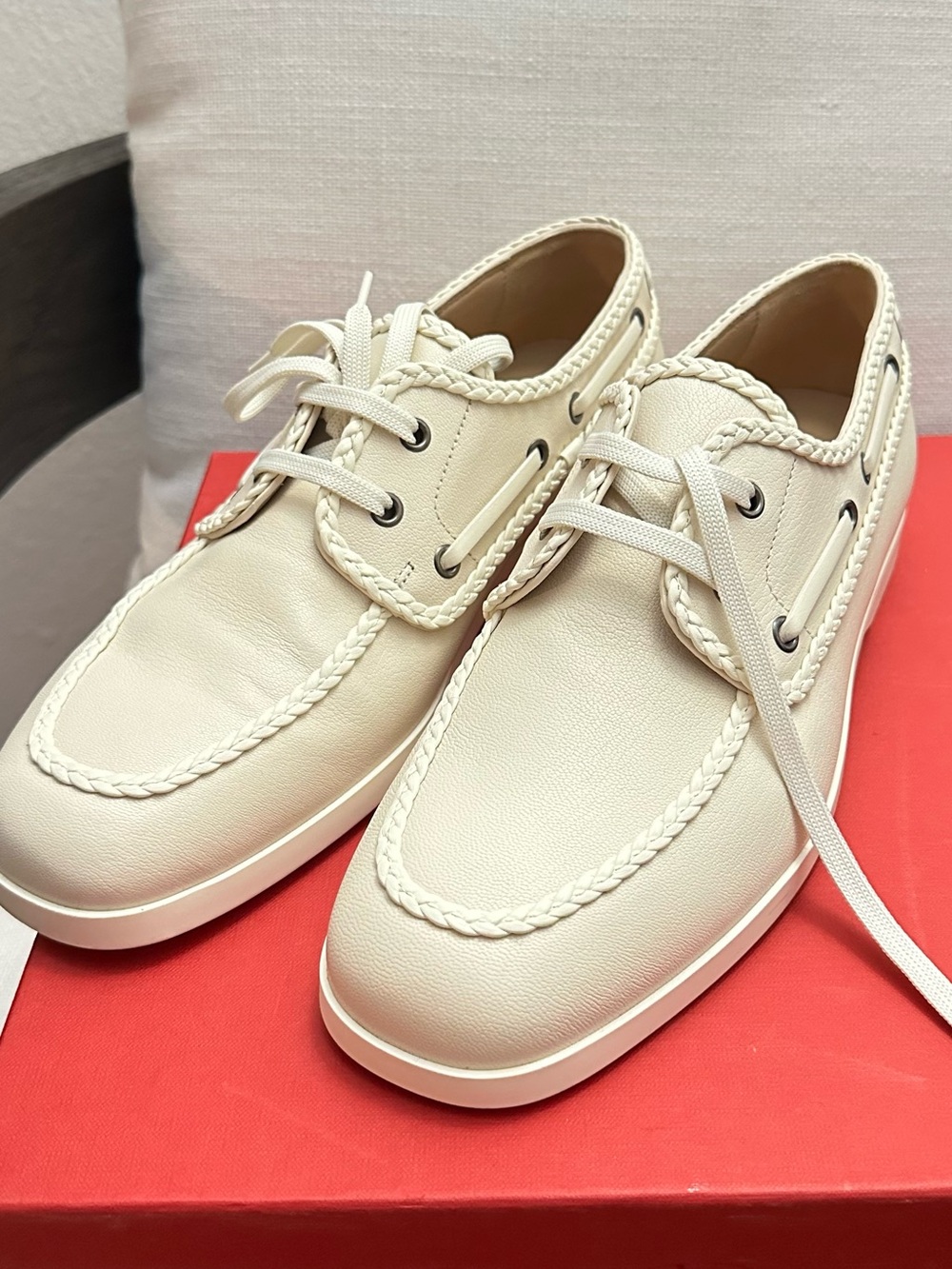 Valentino Garavani Cream Braided Leather Boat Shoes - Picture 2 of 6